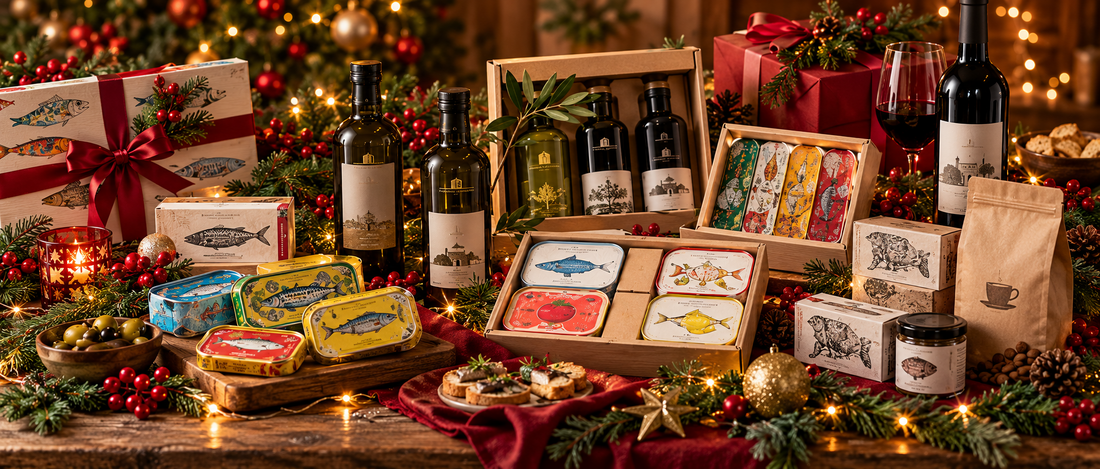 Festive Portuguese gourmet Christmas gifts with sardines, olive oil and holiday decorations