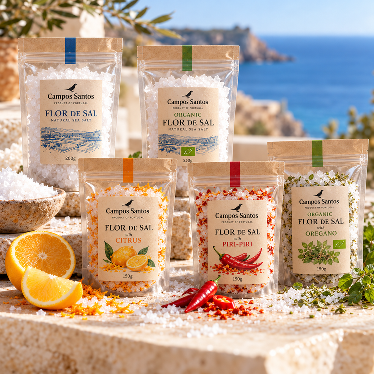 Campos Santos Portuguese Flor de Sal salt collection with natural, organic, citrus, piri-piri and oregano salt pouches