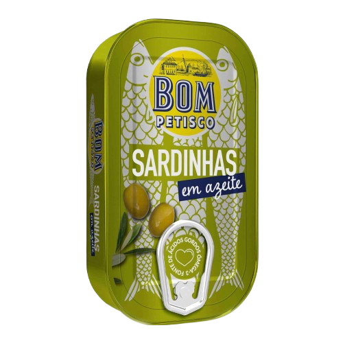 Green tin of sardines with 'Bom Petisco' branding on a white background