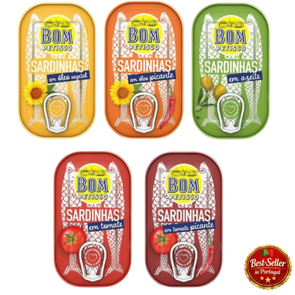 Five tins of Bom Petisco sardines with different flavors on a white background.