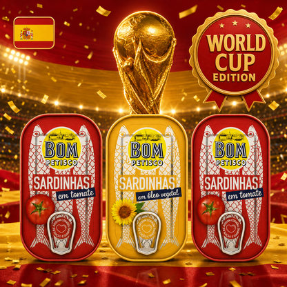 Three cans of BOM Petisco Sardinas em tomate are arranged in front of a golden FIFA World Cup trophy, with a red and gold 'World Cup Edition' badge and a Spanish flag in the background.