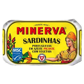 Minerva sardine can packaging with yellow label and branding elements.