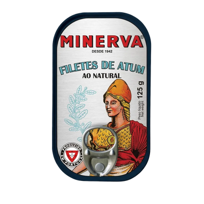 A Minerva brand tuna filets de atum can label or package front shown on a transparent checkerboard background. The label is white with a dark blue border, red Minerva branding, blue text, and an illustrated classical figure in orange and red tones.