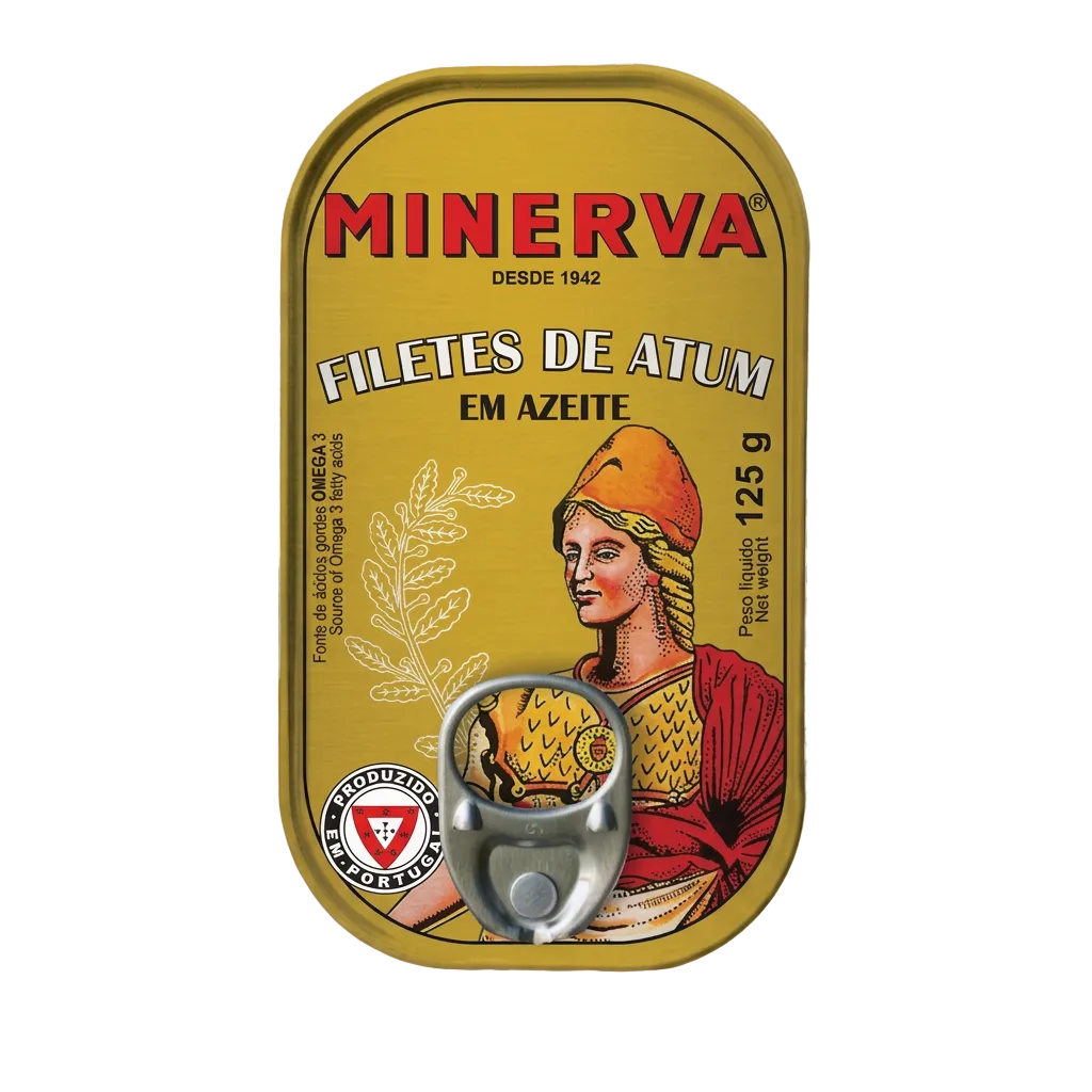 A Minerva brand canned tuna product shown on a transparent checkerboard background. The can has a gold label with red and white text reading 'MINERVA' and 'FILETES DE ATUM EM AZEITE,' plus an illustrated figure in red and orange tones and a silver pull-tab lid.