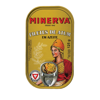 A Minerva brand canned tuna product shown on a transparent checkerboard background. The can has a gold label with red and white text reading 'MINERVA' and 'FILETES DE ATUM EM AZEITE,' plus an illustrated figure in red and orange tones and a silver pull-tab lid.