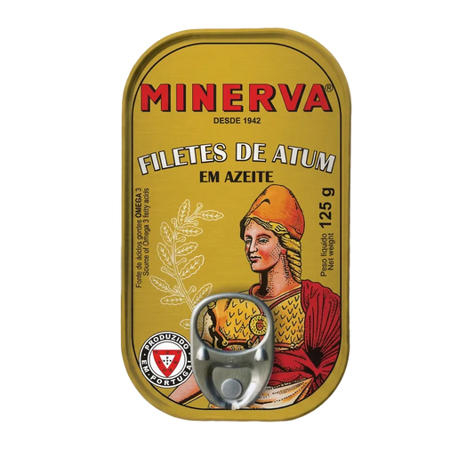 A Minerva brand canned tuna product shown on a transparent checkerboard background. The can has a gold label with red and white text reading 'MINERVA' and 'FILETES DE ATUM EM AZEITE,' plus an illustrated figure in red and orange tones and a silver pull-tab lid.