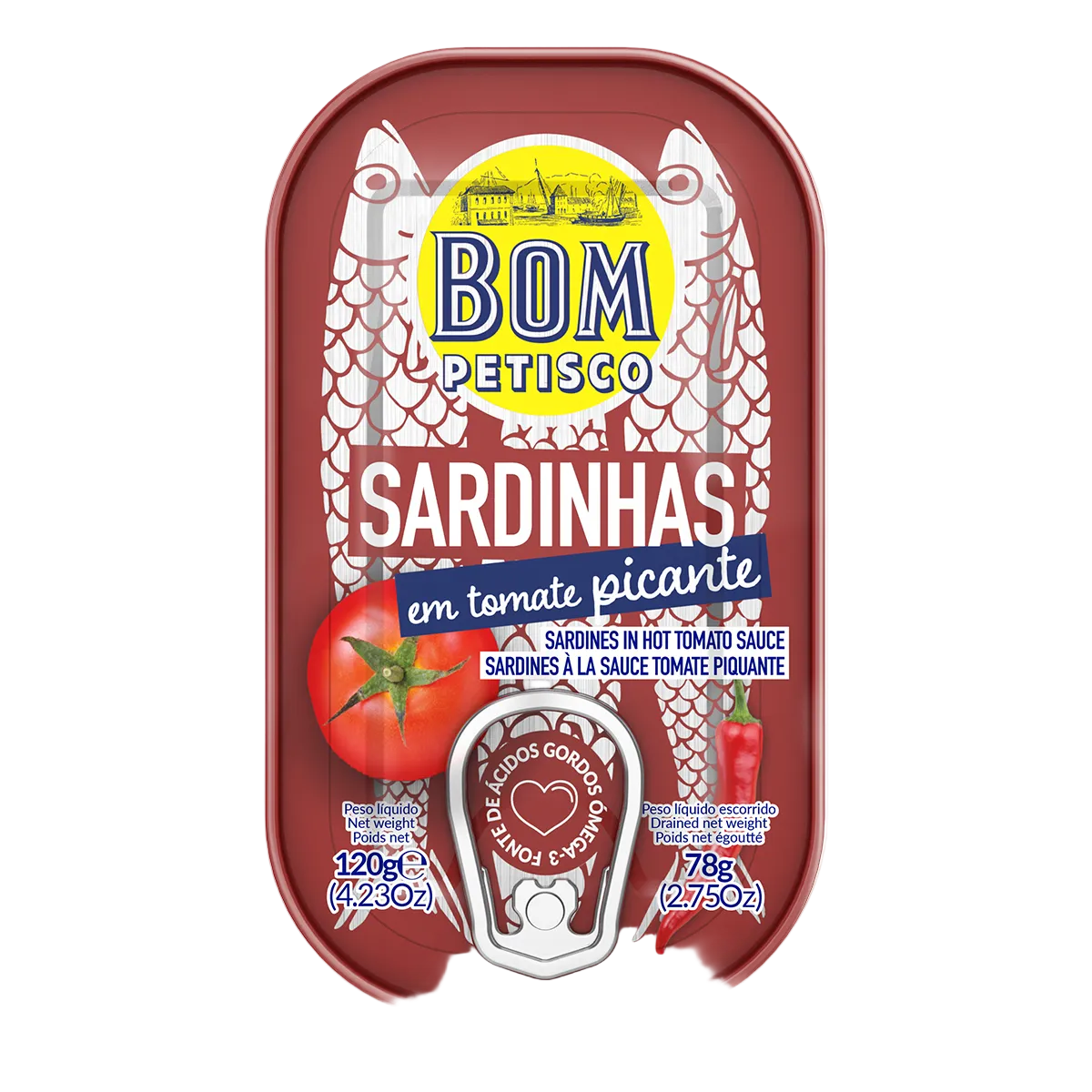 Bom Petisco sardine can packaging with tomato and fish design on a white background