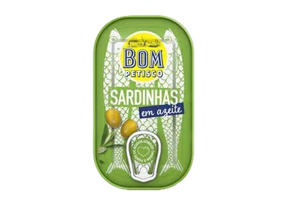 Green tin of sardines with 'Bom Petisco' branding on a white background