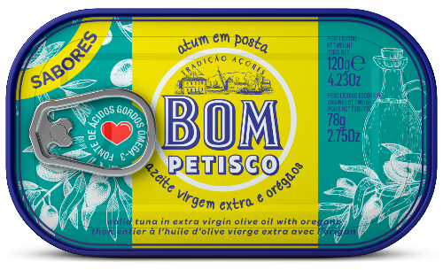A can of Bom Pético brand tuna loin extra virgin olive oil and oregano, with a blue and yellow label, a heart-shaped cutlery, and a graphic of a tuna fish.