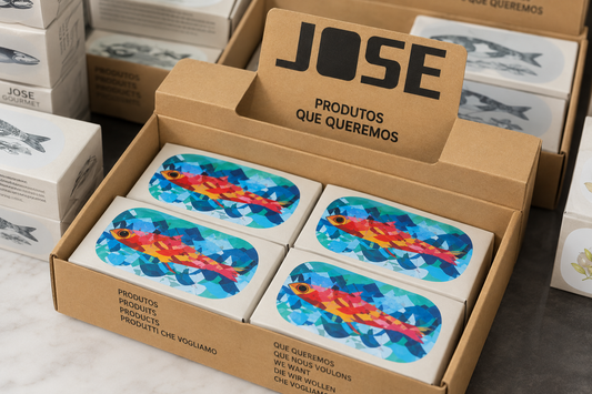 Illustrative José Gourmet box of 8 sardines in extra virgin olive oil, 4 identical tins on top and 4 underneath; packaging mockup.