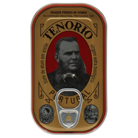 Metal can with 'Tenorio' branding and a portrait on a white background