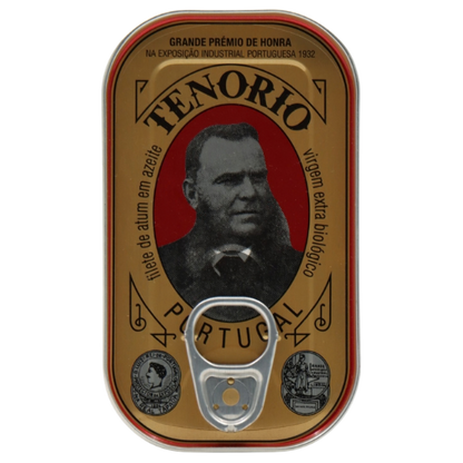 Metal can with 'Tenorio' branding and a portrait on a white background